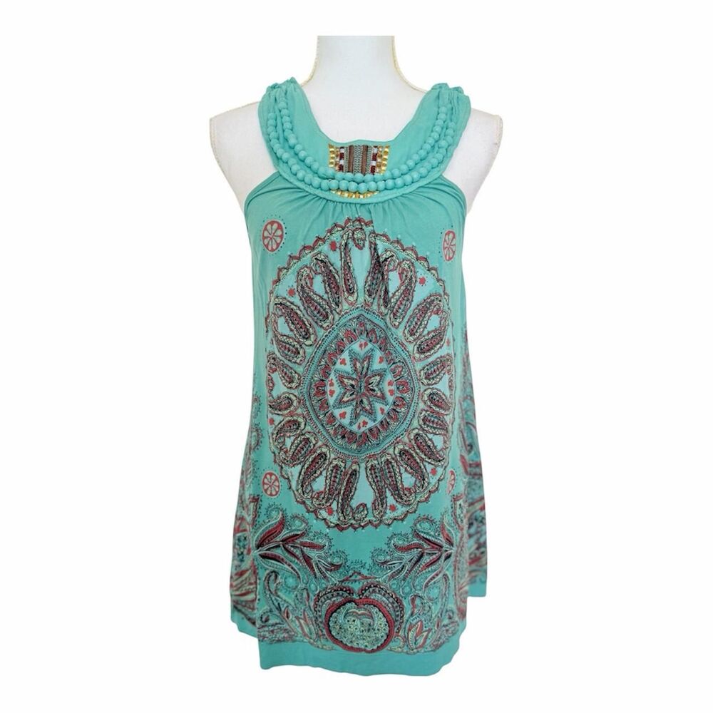 Language Anthropologie Teal Paisley Beaded Halter Top Size L
